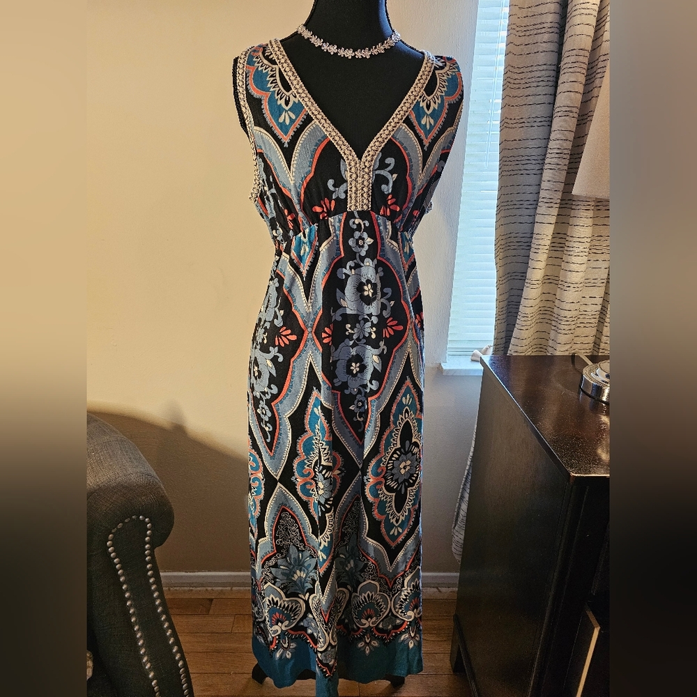 Luck Brand Jean Bohemian Floral Maxi Dress in Teal and Black